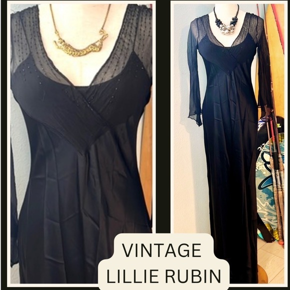 VTG Lillie Rubin,Chiffon Upper,Silky Black Satin Dress,Gorgeous Sheer Sleeves,8M - Picture 1 of 15